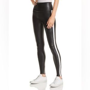 SPANX Faux Leather Side Stripe Leggings Black/White Sz Large EUC